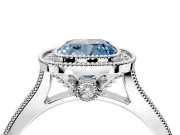 Halo Engagement Ring Setting for Fancy Blue Cushion Cut Center with Milgrain Pave Band and Bezel Head in Platinum