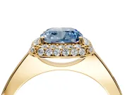 Halo Engagement Ring Setting for Fancy Blue Cushion Cut Center with Plain Tapered Band and Prong Head in Yellow Gold