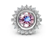 Halo Engagement Ring Setting for Fancy Pink Round Cut Center with Milgrain Bezel Rim, Plain Band and Prong Head in White Gold