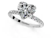 Solitaire Engagement Ring Setting for Heart-Shaped Center with Pave Band and Claw Prong Head in White Gold