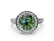 Halo Engagement Ring Setting for Fancy Green Round Cut Center with Outer Bezel Rim, Pave Band and Prong Head in Platinum