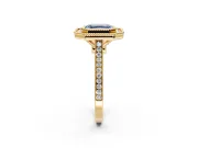 Halo Engagement Ring Setting for Fancy Blue Asscher Cut Center with Milgrain Frame, Pave Band and Prong Head in Yellow Gold