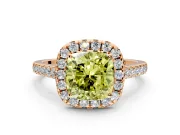 Halo Engagement Ring Setting for Fancy Yellow Cushion Cut Center with Narrowing Pave Band and Prong Head in Rose Gold