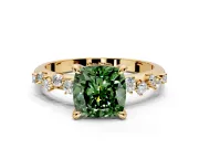 Solitaire Engagement Ring Setting for Fancy Green Cushion Cut Center with Trailing Leaf Accent Band and Prong Head in Yellow Gold
