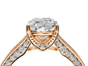 Solitaire Engagement Ring Setting for Cushion Cut Center with Milgrain-Framed Pave Band and Prong Head in Rose Gold