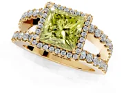 Halo Engagement Ring Setting for Fancy Yellow Princess Cut Center with Wide-Open Pave Split Shank and Prong Head in Yellow Gold