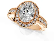 Milgrain Halo Engagement Ring Setting for Oval Center with Pave Band and Prong Head in Rose Gold