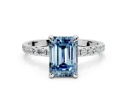 Solitaire Engagement Ring Setting for Fancy Blue Emerald Cut Center with Fine Pave Narrow Band and Prong Head in White Gold