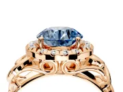 Halo Engagement Ring Setting for Fancy Blue Round Cut Center with Open Scroll Shoulders and Prong Head in Rose Gold
