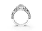 Milgrain Halo Engagement Ring Setting for Emerald Cut Center with Pave Band and Prong Head in White Gold