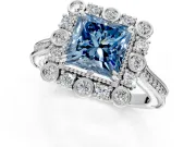 Milgrain Halo Engagement Ring Setting for Fancy Blue Princess Cut Center with Bezel Point Accents and Prong Head in Sterling Silver