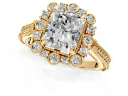 Milgrain Halo Engagement Ring Setting for Radiant Cut Center with Bezel Point Accents and Prong Head in Yellow Gold