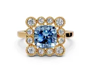 Cluster Halo Engagement Ring Setting for Fancy Blue Cushion Cut Center with Milgrain Bezel Accents and Prong Head in Yellow Gold