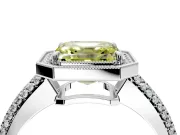 Milgrain Halo Engagement Ring Setting for Fancy Yellow Asscher Cut Center with Three-Sided Pave Band and Prong Head in White Gold