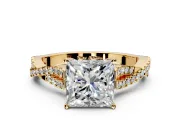 Solitaire Engagement Ring Setting for Princess Cut Center with Twisted Pave Split Shank and Prong Head in Yellow Gold