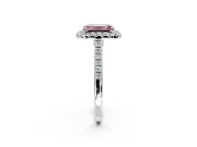 Halo Engagement Ring Setting for Fancy Pink Emerald Cut Center with Narrowing Pave Band and Prong Head in White Gold