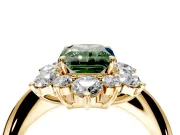 Small-Accent Cluster Halo Engagement Ring Setting for Fancy Green Radiant Cut Center with Plain Band and Prong Head in Yellow Gold