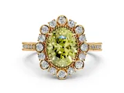 Milgrain Halo Engagement Ring Setting for Fancy Yellow Oval Center with Bezel Point Accents and Prong Head in Yellow Gold