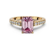 Solitaire Engagement Ring Setting for Fancy Pink Emerald Cut Center with Crossover Accents and Prong Head in Yellow Gold