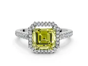 Halo Engagement Ring Setting for Fancy Yellow Asscher Cut Center with Narrowing Pave Band and Prong Head in Platinum