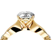 Solitaire Engagement Ring Setting for Oval Center with Carved Leaf Shoulders and Prong Head in Yellow Gold