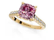 Solitaire Engagement Ring Setting for Fancy Pink Cushion Cut Center with Widening Pave Band and Claw Prong Head in Yellow Gold
