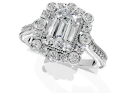 Milgrain Halo Engagement Ring Setting for Emerald Cut Center with Bezel Point Accents and Prong Head in Sterling Silver