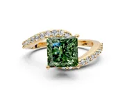 Solitaire Engagement Ring Setting for Fancy Green Princess Cut Center with Pave Bypass Swirl Band and Prong Head in Yellow Gold
