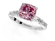 Baguette Engagement Ring Setting for Fancy Pink Cushion Cut Center with Alternating Bar-Set Band and Prong Head in White Gold