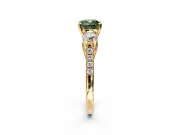 3 Stone Engagement Ring Setting for Fancy Green Cushion Cut Center with Crossover Basket, Pave Band and Prong Head in Yellow Gold