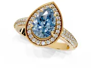 Milgrain Halo Engagement Ring Setting for Fancy Blue Pear-Shaped Center with Three-Sided Pave Band and Prong Head in Yellow Gold