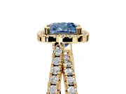 Halo Engagement Ring Setting for Fancy Blue Cushion Cut Center with Double Pave Split Shank and Prong Head in Yellow Gold