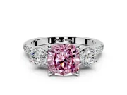 3 Stone Engagement Ring Setting for Fancy Pink Cushion Cut Center with Crossover Basket, Pave Band and Prong Head in Sterling Silver