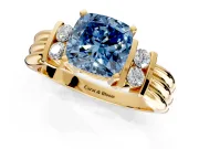 Solitaire Engagement Ring Setting for Fancy Blue Cushion Cut Center with Grooved Bar Accent Band and Prong Head in Yellow Gold