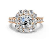 Halo Engagement Ring Setting for Cushion Cut Center with Milgrain Channel Band and Prong Head in Rose Gold