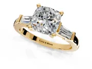 3 Stone Engagement Ring Setting for Cushion Cut Center with Channel Baguette Accents and Prong Head in Yellow Gold
