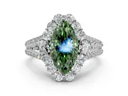 Halo Engagement Ring Setting for Fancy Green Marquise Center with Two-Strand Split Shank and Prong Head in Sterling Silver