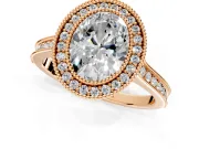 Halo Engagement Ring Setting for Oval Center with Milgrain Pave Band and Bezel Head in Rose Gold
