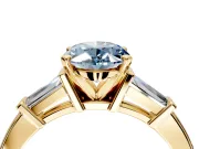 3 Stone Engagement Ring Setting for Fancy Blue Oval Center with Channel Baguette Accents and Prong Head in Yellow Gold