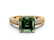 Engraved Engagement Ring Setting for Fancy Green Asscher Cut Center with Milgrain Pave Band and Prong Head in Yellow Gold