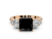 3 Stone Engagement Ring Setting for Fancy Black Princess Cut Center with Crossover Basket, Pave Band and Prong Head in Rose Gold
