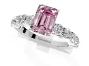 Shared-Prong Engagement Ring Setting for Fancy Pink Emerald Cut Center with Graduated Accents and Prong Head in Platinum