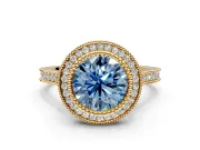 Halo Engagement Ring Setting for Fancy Blue Round Cut Center with Milgrain Frame, Pave Band and Prong Head in Yellow Gold