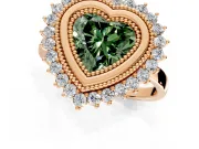 Halo Engagement Ring Setting for Fancy Green Heart-Shaped Center with Milgrain Bezel Rim, Plain Band and Prong Head in Rose Gold