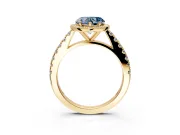 Halo Engagement Ring Setting for Fancy Blue Heart-Shaped Center with Full Pave Band and Prong Head in Yellow Gold