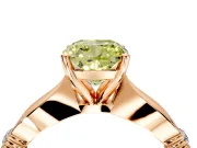 Solitaire Engagement Ring Setting for Fancy Yellow Cushion Cut Center with Carved Leaf Shoulders and Prong Head in Rose Gold