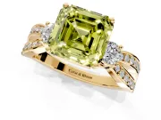 3 Stone Engagement Ring Setting for Fancy Yellow Asscher Cut Center with Pave Twist Band and Prong Head in Yellow Gold