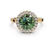 Halo Engagement Ring Setting for Fancy Green Round Cut Center with Thin Plain Band and Prong Head in Yellow Gold