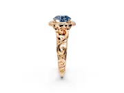 Halo Engagement Ring Setting for Fancy Blue Round Cut Center with Open Scroll Shoulders and Prong Head in Rose Gold