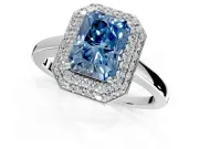 Halo Engagement Ring Setting for Fancy Blue Radiant Cut Center with Plain Tapered Band and Prong Head in White Gold